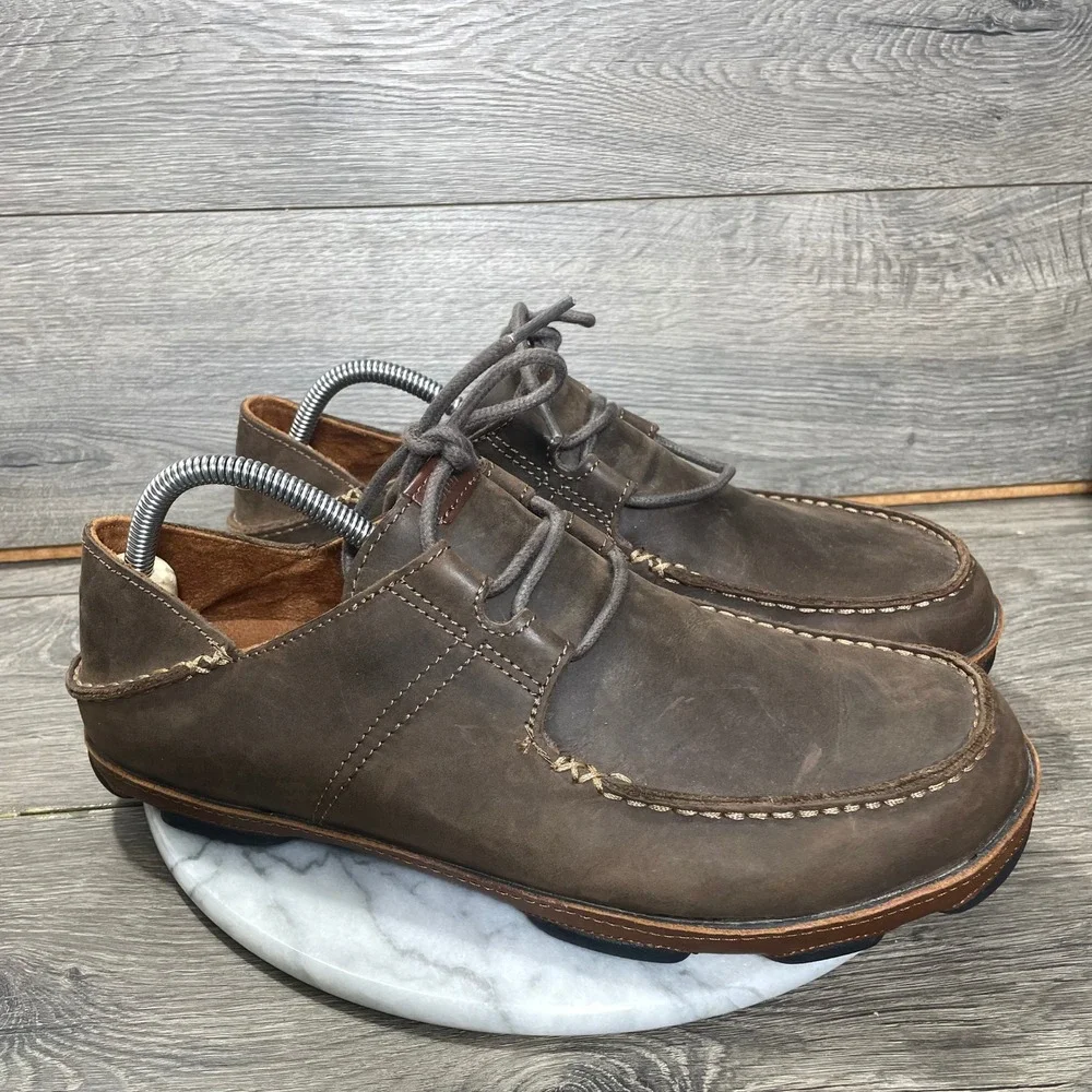 OluKai Shoes Mens 11.5 Ohana Lace Up Nubuck Brown Leather Comfort Oxfords Moc